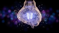 Glowing brain-shaped light bulb with electric filaments against starry cosmic background representing creativity, innovation, intelligence and bright ideas.