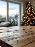 Rustic wooden table surface with defocused Christmas tree lights in background, window view at dusk creates cozy holiday atmosphere for product display.