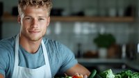 Young blonde Caucasian male chef in apron smiling while preparing fresh green vegetables in modern kitchen. Professional culinary cooking and healthy food preparation.