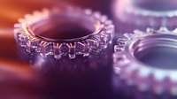 Metallic gears with soft purple and orange lighting effects create depth and atmosphere in macro photography, highlighting industrial mechanical components.
