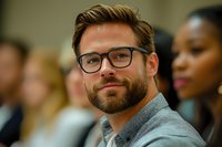Professional Caucasian businessman with glasses and beard smiling confidently during corporate meeting or conference with diverse colleagues in background.