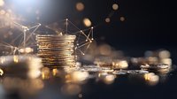 Stack of golden coins with digital network connections on dark background with bokeh light effects, representing cryptocurrency or financial technology.