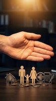 Open hand protecting wooden family figures with insurance symbols representing life coverage and financial security for loved ones.