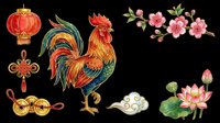 Chinese New Year clipart set with rooster, lantern, lucky knot, coins, cherry blossom, lotus, and clouds, isolated on transparent background for print on demand.