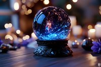 Magical snow globe with glowing blue liquid and sparkles on ornate base against blurred bokeh lights and purple flowers on wooden surface.