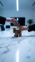 Business professionals building wooden blocks with strategy, growth, innovation text in modern office environment for corporate development concepts.