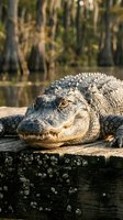 Large American alligator resting on wooden dock in swamp wetland habitat with cypress trees reflecting in calm water during golden hour sunlight.