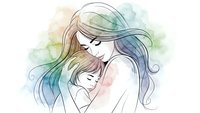Tender watercolor mother embracing newborn baby with flowing hair in soft pastel colors depicting maternal love and bonding moment for family concepts.