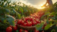Fresh ripe tomatoes in wicker basket at sunset in garden, organic farming concept with beautiful golden hour lighting and natural bokeh effect for food photography and harvest themes.