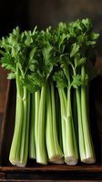 Fresh green celery stalks with leaves arranged in row on dark wooden surface, dramatic lighting highlights natural texture and vibrant color. Food photography.