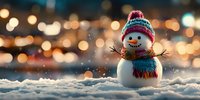 Cheerful snowman with knitted hat and scarf standing in fresh snow against blurred golden bokeh lights background creating magical winter holiday atmosphere.