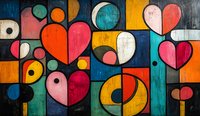 Colorful abstract geometric pattern with hearts and circles on wooden texture background, featuring vibrant retro colors and mid-century modern style artistic composition.