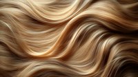 Flowing waves of golden blonde and caramel hair strands creating abstract wavy pattern with smooth silky texture. Natural hair background for beauty and salon designs.