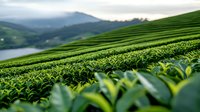 Lush green tea plantation on hillside with misty mountains in background. Rows of cultivated tea bushes create geometric patterns across rolling landscape.