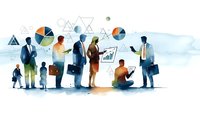 Business team silhouettes analyzing data charts and graphs in modern corporate presentation setting with geometric elements and analytics visuals.