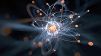 Glowing atomic particle with orbiting electrons and energy trails against dark background, scientific visualization of quantum physics concept.