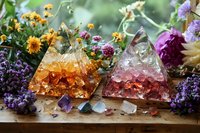 Crystal pyramids with orange and pink gradient colors surrounded by fresh wildflowers and small healing stones on wooden surface in mystical arrangement.