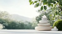 Balanced white zen stones pyramid on wooden surface with green nature background and mountain silhouette, wellness and meditation concept.