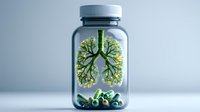 Green tree-shaped bronchi in glass jar with pills, creative medical concept showing connection between nature and healthcare, respiratory system illustration.