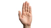 Male hand raised in stop gesture showing palm on white background isolated for design and communication concepts.