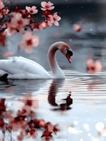 Elegant white swan swimming in misty lake at dawn with pink cherry blossoms framing scene, creating romantic spring atmosphere with water reflection.