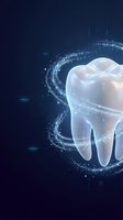 Glowing white tooth with sparkling particles on dark blue background for dental care and oral health concepts.