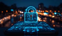 Glowing blue padlock hologram over digital keyboard with blurred city lights background represents cybersecurity and data protection in modern technology.