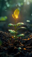 Young plant seedling growing in fertile soil at sunrise, with morning dew drops glistening on green leaves. Sunlight creates magical bokeh effect in background.