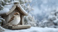 Small sparrow perched on wooden bird feeder during snowfall, with snowy evergreen trees creating a serene winter backdrop.