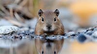 Curious ground squirrel peeks over rocks at water's edge, creating mirror reflection in calm surface. Close up portrait shows detailed fur and expressive eyes.