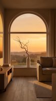Modern minimalist living room with arched window overlooking golden sunset landscape, featuring neutral furniture and decorative branch in vase.