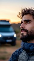 Bearded Caucasian man in winter jacket gazing thoughtfully at sunset with SUV in background. Outdoor adventure and travel lifestyle portrait capturing wanderlust spirit.