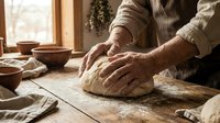 Elderly hands kneading fresh bread dough on wooden table in rustic kitchen with warm natural lighting and traditional baking tools.