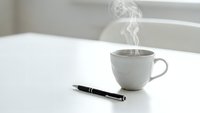 Steaming hot coffee cup with elegant black pen on clean white desk surface creating peaceful morning workspace atmosphere for productivity and focus.