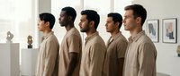 Five men of diverse ethnicities standing in profile in a modern gallery space wearing neutral beige linen shirts. Suitable for corporate, diversity, teamwork, and contemporary art concepts.