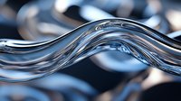 Flowing liquid metal waves create dynamic chrome surface with smooth curves and reflective highlights against dark background, abstract modern design element.