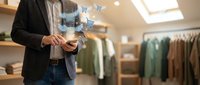 Professional businessman using smartphone with digital network icons in modern clothing store, representing retail technology and mobile commerce solutions.