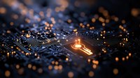 Glowing key icon on circuit board with orange bokeh lights creates cybersecurity concept. Dark tech background with illuminated microchip pattern and digital elements.