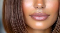 Close up of African American woman's lips and nose showing flawless skin, natural makeup, and glossy pink lipstick against blurred background.