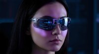 Young Asian woman wearing futuristic smart glasses with holographic display technology interface in cyberpunk neon lighting for tech innovation concepts.