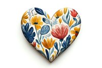 Heart shape with colorful floral pattern featuring orange, red and blue flowers on white background isolated for romantic design projects.