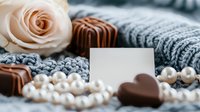 Romantic composition with chocolate pralines, delicate rose, pearl necklace and blank card on cozy knitted background. Elegant Valentine's day or anniversary setup.