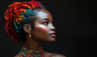 Young African woman with vibrant rainbow-colored curly hair styled upward, wearing colorful beaded necklace, dramatic makeup on dark background, profile view showing glowing skin.