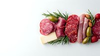 Assortment of cured meats, salami, prosciutto, and cheese with olives, rosemary, and strawberries on white background. Perfect for charcuterie board.