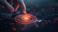 Finger touching glowing digital interface with orange light ripples on dark background, creating futuristic technology concept with network connections.