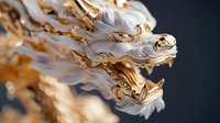 White and gold dragon head sculpture with fierce expression and ornate details against dark background, showcasing traditional Asian mythological art style.