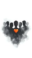 Silhouettes of people emerging from smoky gray shadows with bright orange heart symbol, representing unity, love and community support on white background.