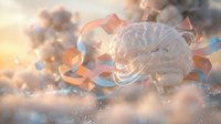 Brain surrounded by glowing geometric shapes and soft clouds, symbolizing creativity, innovation, and intelligence in abstract digital environment.