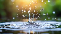 Water droplet creating splash with ripples and bubbles in natural sunlight. Fresh clean liquid motion captured in outdoor garden setting with bokeh background.