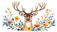 Watercolor deer head with large antlers surrounded by yellow and orange wildflowers and blue leaves arrangement, woodland animal art on white background.